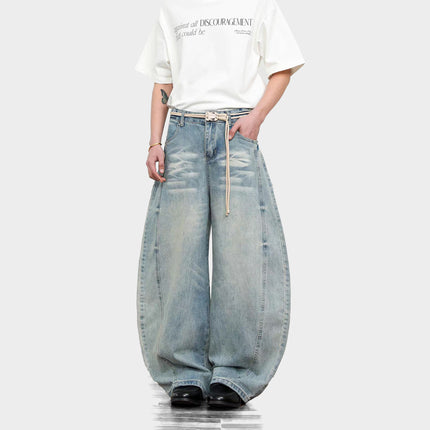 American Retro Washed Whiskered Wide-Leg Scimitar Jeans for Men and Women, Floor-Length Slimming Cleanfit Jeans