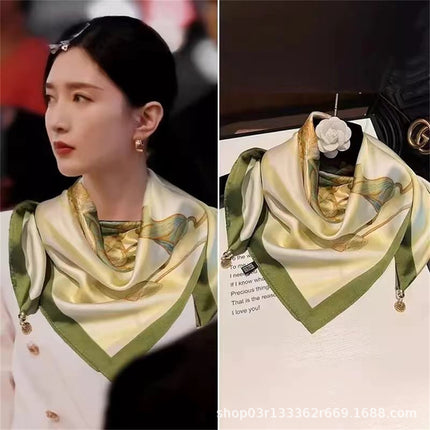 2024 New Magnetic Buckle Silks and Satins Square Scarf Women's Spring and Autum Scarf High-end Decorative Triangle Scarf Neck Protector
