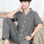 Double Bag 100% cotton short-sleeved trousers dark gray stripes / L size is recommended to wear 50.00 kg-65.00 kg