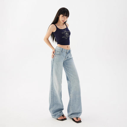 2025 American Retro Low-Waist Loose Hot Girl Straight Pants Versatile Drape Jeans Women's Autumn Long Pants Extended