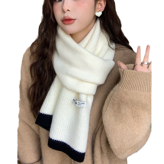 New Korean Style All-match Knitted Contrast Color Soft Waxy Scarf Women's Winter Fashion All-match Warm Student Thick Scarf Cold-proof