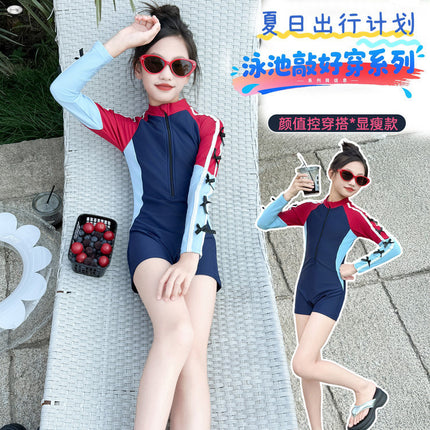 Girls Swimsuit 2025 New Style Kidsren's Style One-Piece Swimsuit Little Girl Long-Sleeved Butterfly Sunscreen Quick-Drying Swimsuit