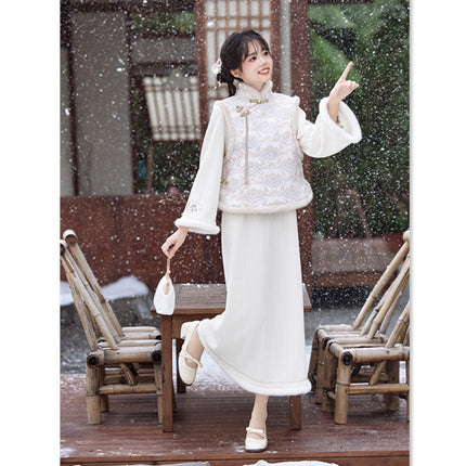 Chenille Jacquard Cheongsam 2024 Winter New Printed Leather Vest Improved Girls' Daily Wearable Vest