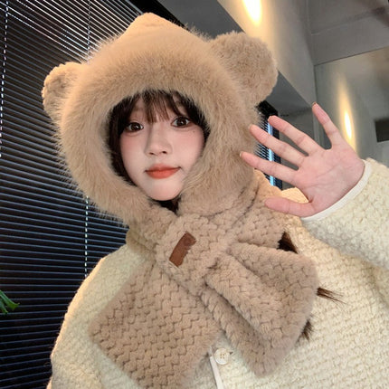 Cute Bear Plush Hat and Scarf Set for Women, Autumn and Winter Thickened Warm Cycling Cold-Proof Ear Protection Lei Feng Hat