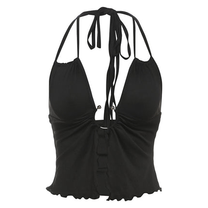 P0164Tp European and American Cross-Border Spring and Summer Sexy Lace-Up Hollow-Out Ruffled Halter Neck Crop Top Camisole