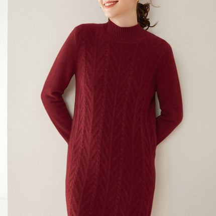 Fashionable New Style Half-High Collar Cable-Knit Cashmere Dress for Women, Plus Size, Autumn and Winter New Mid-Length Sweater Dress