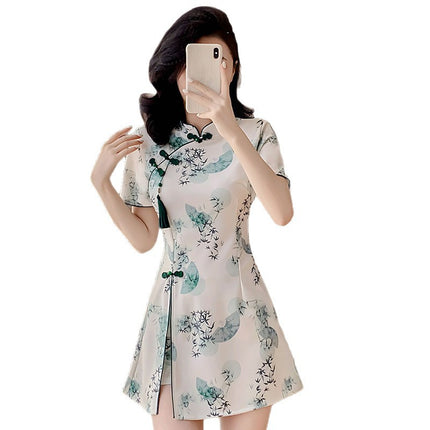 Real Shot of Summer New Improved Cheongsam New Chinese Style Tassel Dress Shorts Two-Piece Set Solid Color Mercerized