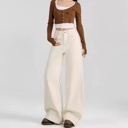 plus size creamy-white Micro-Lare Jeans Women's Trendy All-Match Stretch Slim-Fit High-Waist Slim Look Slim-Straight Wide-Leg Trousers