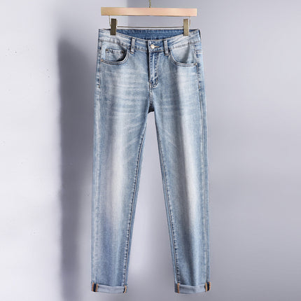 European style light luxury fashion brand men's slim fit skinny Denim trousers Foreign single European casual micro elastic slimming light blue pants