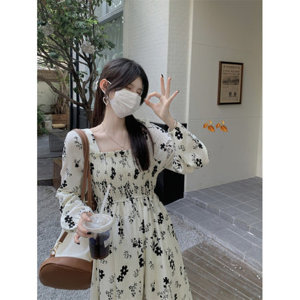French dry rose floral dress autumn and winter women's clothing 2022 new temperament slim long skirt goddess fan