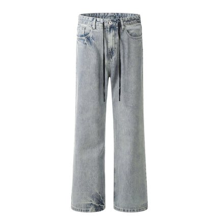 11Kn American Drawstring Bootcut Jeans for Men and Women Retro Blue Ripped Lightning Washed Slimming Look Casual Pants