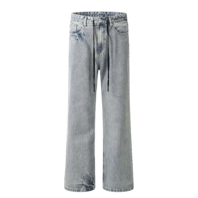 11Kn American Drawstring Bootcut Jeans for Men and Women Retro Blue Ripped Lightning Washed Slimming Look Casual Pants