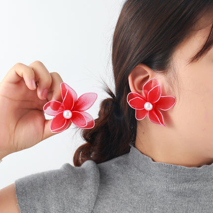 European and American Exaggerated Fabric Pearl Flower Atmospheric Earrings for Women, Light Luxury, High-End, Temperament, Fashion, European and American Cross-Border Supply