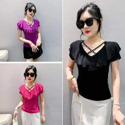 Real Shot Summer New Style Mesh Short Sleeve Chic V-Neck Cross Hollow Nail Drill plus size Women's Fashion Western Style Top T