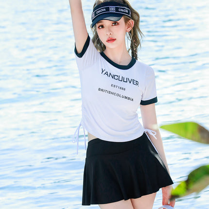 Sweet and Cute Girl Student Swimsuit Female Split Boxer Skirt Style with Sleeves Hot Spring Conservative Slimming Belly-Covering Swimsuit