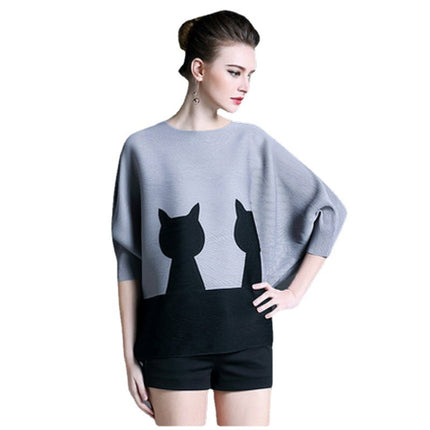2026 Spring Batwing Sleeve New Women's Round Neck Loose Patchwork Cat Print Elastic Mid-Sleeve Top