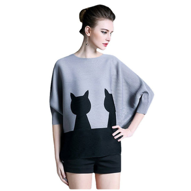 2026 Spring Batwing Sleeve New Women's Round Neck Loose Patchwork Cat Print Elastic Mid-Sleeve Top