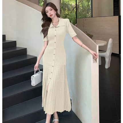 Cross-border Dopamine Green Knitted Midi Dress French Retro Elegant Elegant Tight Waist Slimming dress Summer