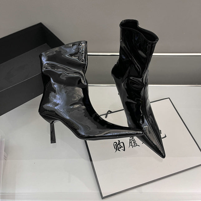 Pointed Toe Patent Leather Red Short Boots for Women 2025 Spring & Fall New Slim Stiletto Short Boots High Heels Slim Boots Nude Boots