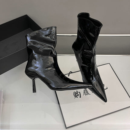 Pointed Toe Patent Leather Red Short Boots for Women 2025 Spring & Fall New Slim Stiletto Short Boots High Heels Slim Boots Nude Boots