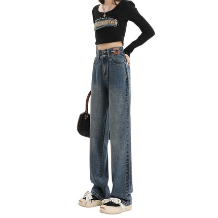 Vintage Wide-Leg Jeans for Women, Spring 2025 New Style, High-Waisted, Petite, Slimming, Straight-Leg, Loose, Floor-Length Pants