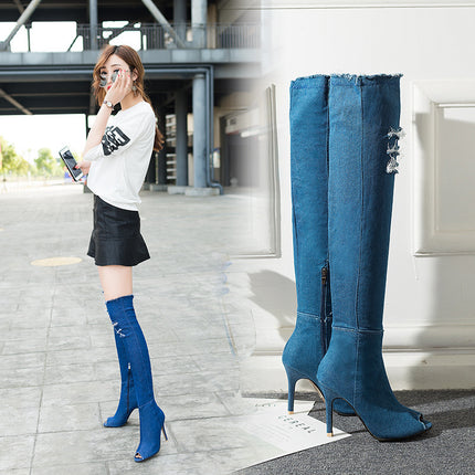 2024 Spring New Casual Fashion Korean Style Over-The-Knee Boots with the Same Elastic Round Toe High-Top Cowboy Boots for Women