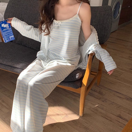 Milk Blue Striped German Velvet Pajamas Three-piece Set Women's Autumn and Winter New Arrival Long-sleeved Cardigan Trousers Home Clothes suit