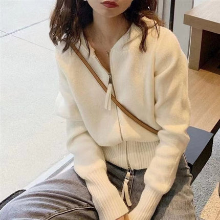 2025 Sweater Women's Age-reducing Design Sense Double-head Zipper Hooded Short Knitted Cardigan Fashionable Internet Popular Top