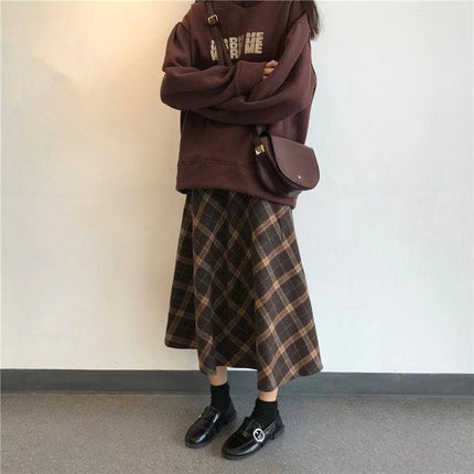 Brown Plaid Skirt for Women in Spring and Autum Mid-Length High-Waisted A-Line Pleated Skirt for Small People with Large Swing Umbrella Skirt Long Skirt
