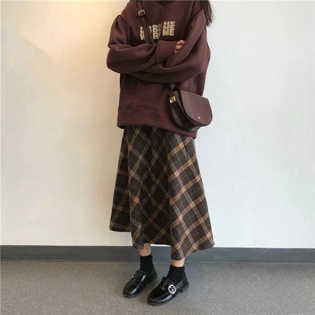 Brown Plaid Skirt for Women in Spring and Autum Mid-Length High-Waisted A-Line Pleated Skirt for Small People with Large Swing Umbrella Skirt Long Skirt