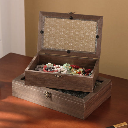 Begonia Flower Glass Storage Box Retro Wooden Desktop Debris Organizer Flip-Top Wooden Box Decoration Dressing Table Jewelry Box