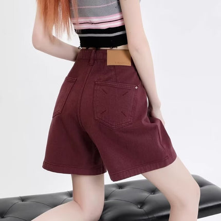 Denim Shorts Women's wine red Retro Summer 2024 New Design Sense Niche High Waist Slimming Wide Leg Pants
