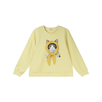 Shuangtian 2025 New Autum Fat Girl Plus Size Women's Sweatshirt Sweet Kitten Turban Round Neck Sweatshirt Women 9052