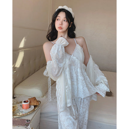 [Bric velvet] three-piece autumn and winter new lace court style pajamas suspenders long sleeve sweet home clothes velvet