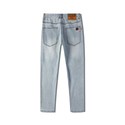Trendy Brand Fashion light blue Light Business Jeans Men's Heavy Washed Stretch Slim-Fit Comfortable Trendy Small Straight Pants