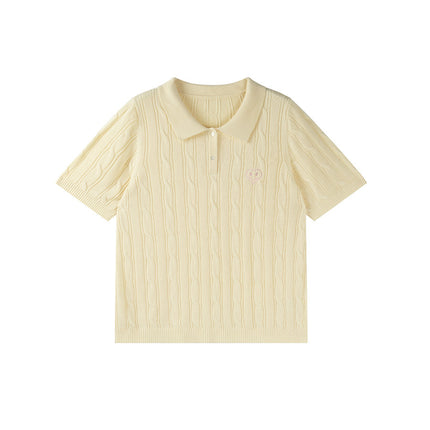 Double Day 2025 Summer New plus size Women's Chubby mmPolo Collar Short Sleeve Twist Simple Knitted Shirt F518