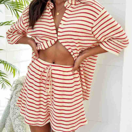 1293 Women's Spring and Summer Casual Comfortable Striped Short-Sleeve Regular Shirt and Decorative Tie Shorts for Women