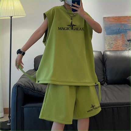 Summer New Trendy Loose-Fitting Large-Size Vest Set for Teenagers, Two-Piece Sports Set, Men's Sleeveless Vest, Casual