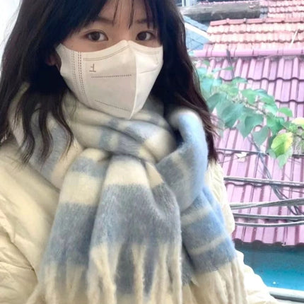 Factory new solid color haze blue scarf women's winter fluffy hair thickened students white students warm scarf