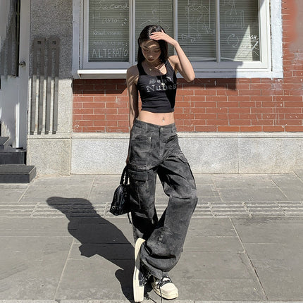 American Style Retro Spring and Summer New Style Spice Girls Wind Middle Waist Loose Multi-Pocket Design Sense Workwear Casual Straight Pants Women's Trendy