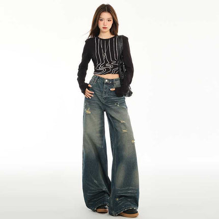 American Design Ripped Jeans for Women 2025 Summer Straight Pants High Waist Slim Floor-Length Wide Leg Long Pants