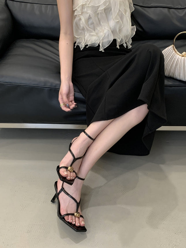 Lady Style Square Toe Metal Buckle Sandals 2025 Summer New Thin Strap Lady Style Women's Shoes Design High Heel Sandals