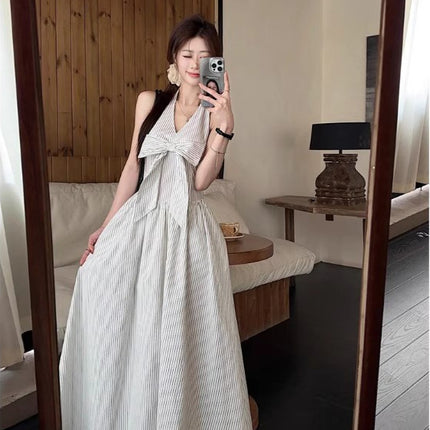 Gentle Style Stripesd Bow Halter V-Neck Dress for Women Summer Seaside Vacation A-Line Skirt French Style Long Skirt