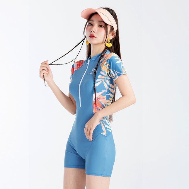 South Korea Swimsuit Women's Conservative Conjoined Flat Corner Belly Covering Slimming Short Sleeve 2023 New plus size Swimming Sports Swimsuit