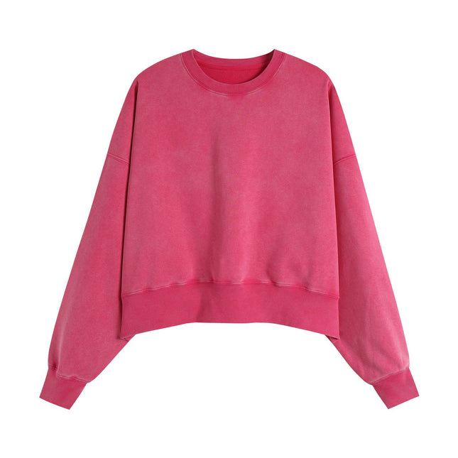 400g Cotton Retro Dye-Washed Short Round-Neck Sweatshirt Crop Top for Women, European and American Style, Autumn and Winter Top