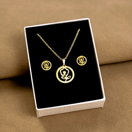 European and American Stainless Steel Earrings Necklace Women's Set Cross Border Geometric Cross Palm Eye Rose Pendant Jewelry