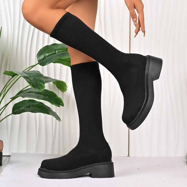 New Foreign Trade Spring and Autumn Elastic Slim Boots Mid-Calf Long Boots Women's Elastic Boots Chunky Heel Knit Sock Boots Slimming Versatile