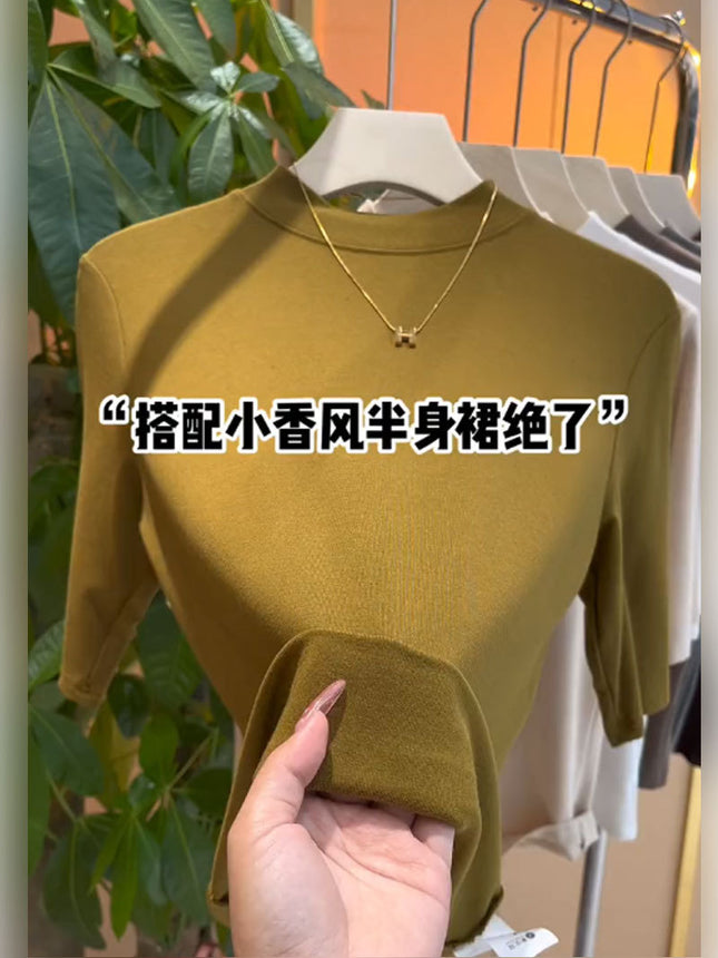 Solid Color Half Turtleneck Elastic Inner Quarter-Sleeved Bottoming Shirt Top for Women Spring New Versatile Slimming Look Elegant T-Shirt