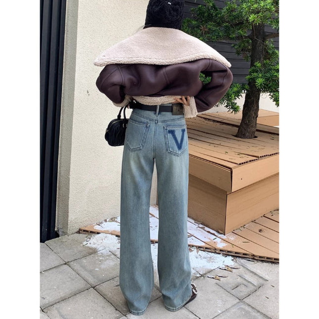 Stretch Straight Jeans Women's 2025 Spring New V Pattern High Waist Loose Slimming Wide Leg Floor Pants