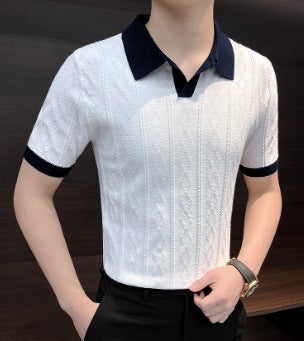 2025 Men's Knitted Polo Shirt Handsome Summer Trendy Men's Right Shoulder Shirt Collar American Zipper Lapel Stripesd T-Shirt
